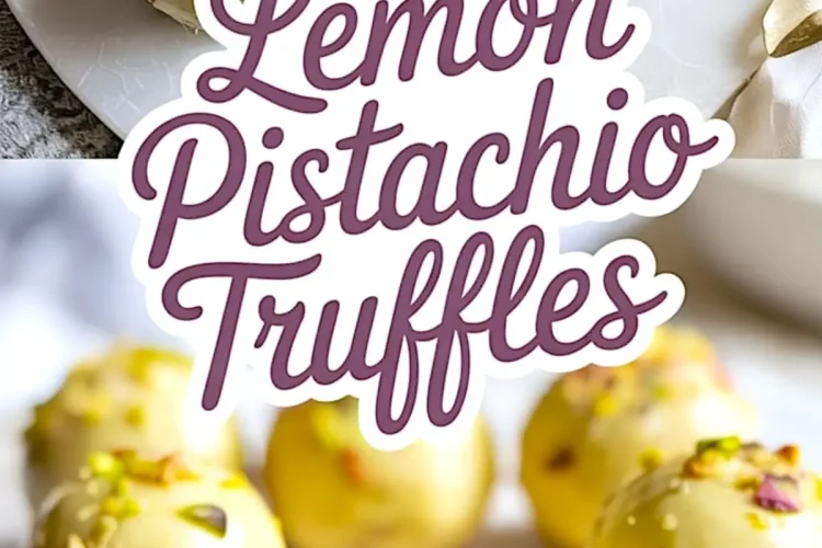 Lemon pistachio truffles set on a marble surface, with smooth yellow chocolate coating and chopped pistachio topping. Below, close-up revealing the creamy lemon filling, crunchy biscuit layer, and nut garnish.