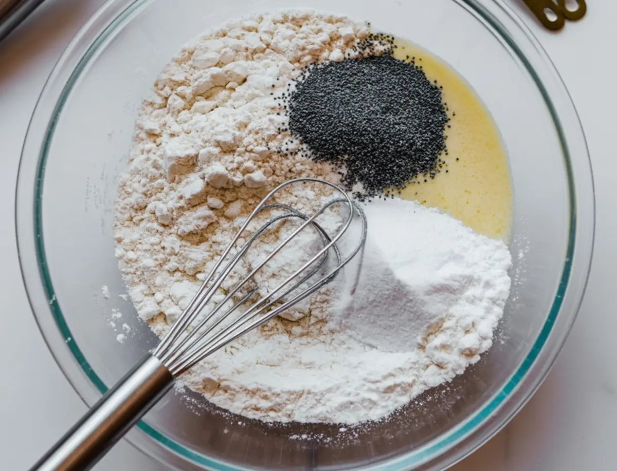 Mixing bowl with flour, baking powder, poppy seeds, and wet ingredients being combined with a metal whisk for lemon poppy seed cake batter.