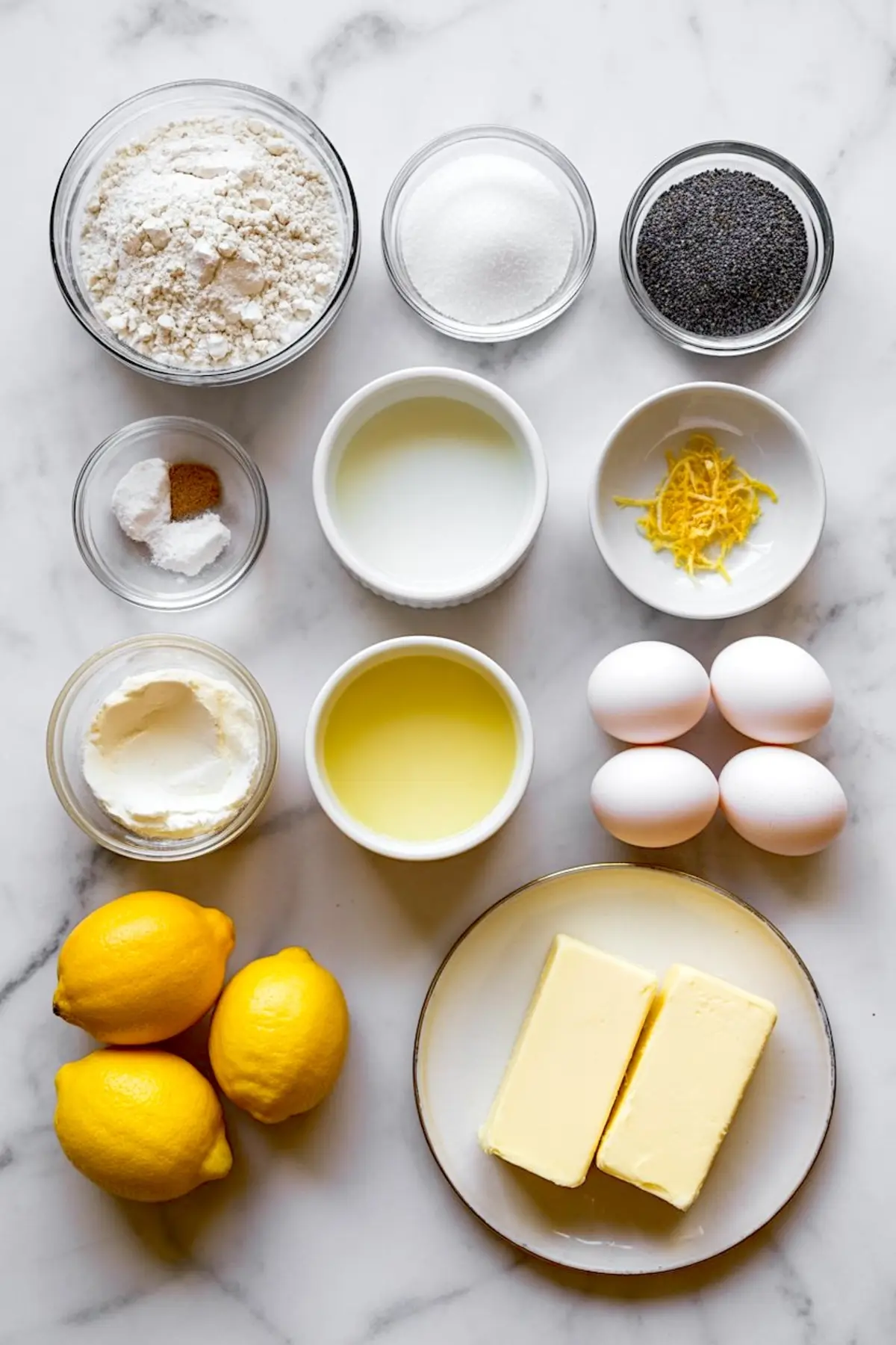 Overhead shot of baking ingredients on a marble surface including flour, sugar, poppy seeds, lemon zest, eggs, lemons, butter, and sour cream, arranged in small glass bowls and ramekins.