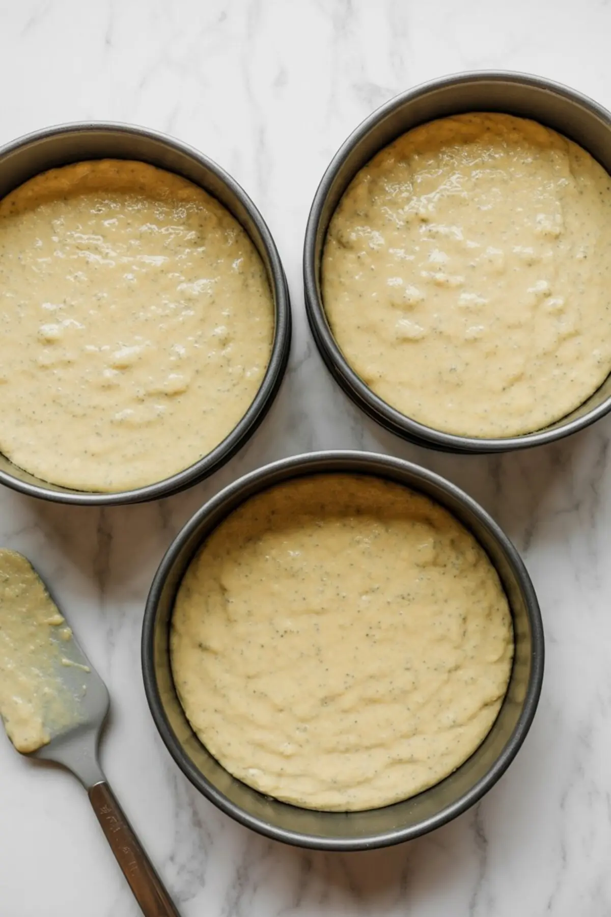 Three round baking pans filled with lemon poppy seed cake batter, ready for baking, arranged on a marble countertop with a spatula nearby.