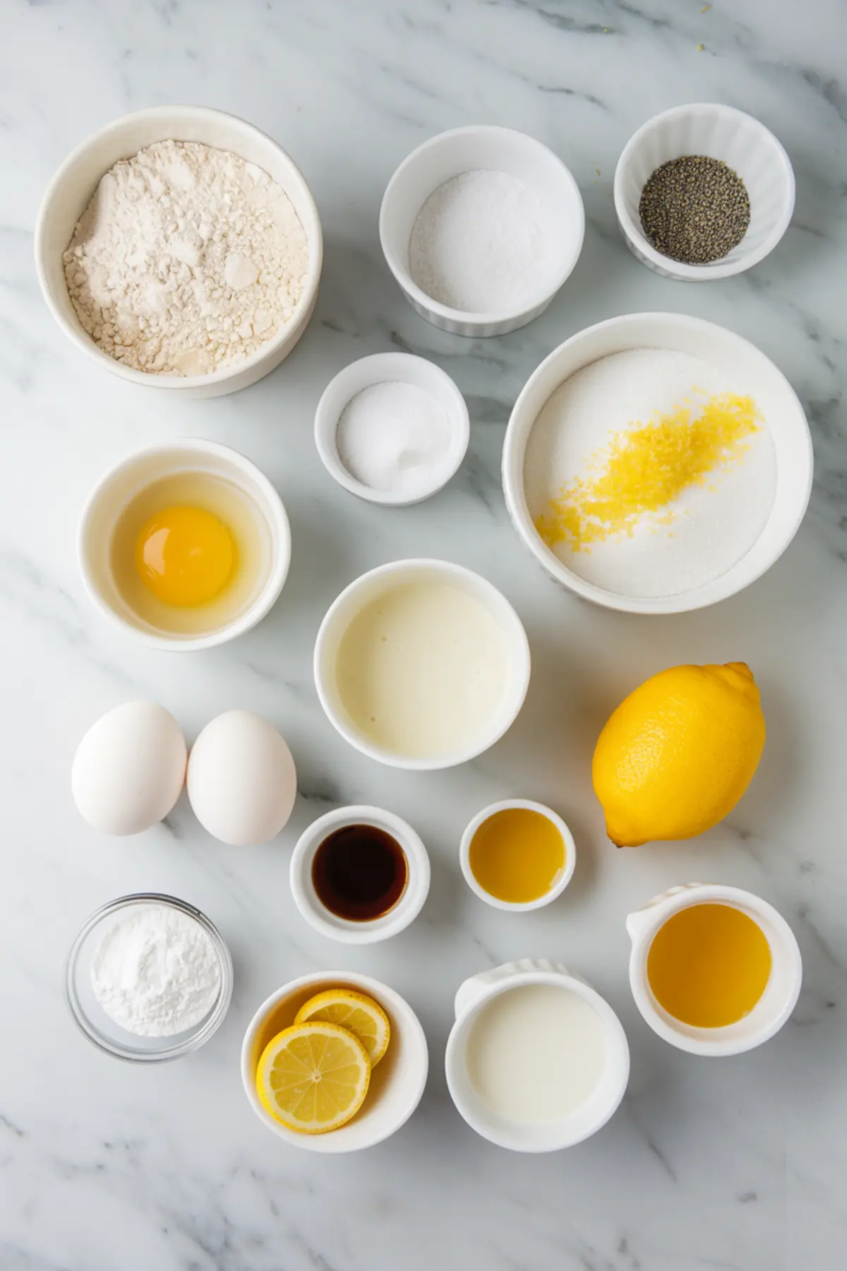 Flat lay of lemon poppy seed muffin ingredients on a marble surface, including flour, sugar, poppy seeds, eggs, lemon, vanilla extract, yogurt, and oil.
