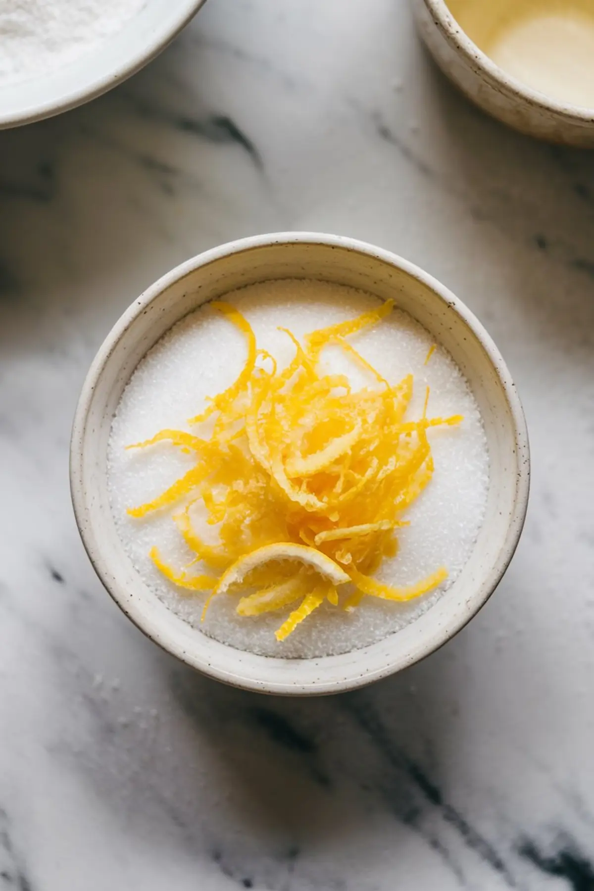 Close-up of a ceramic bowl filled with granulated sugar topped with fresh lemon zest, sitting on a marble countertop.