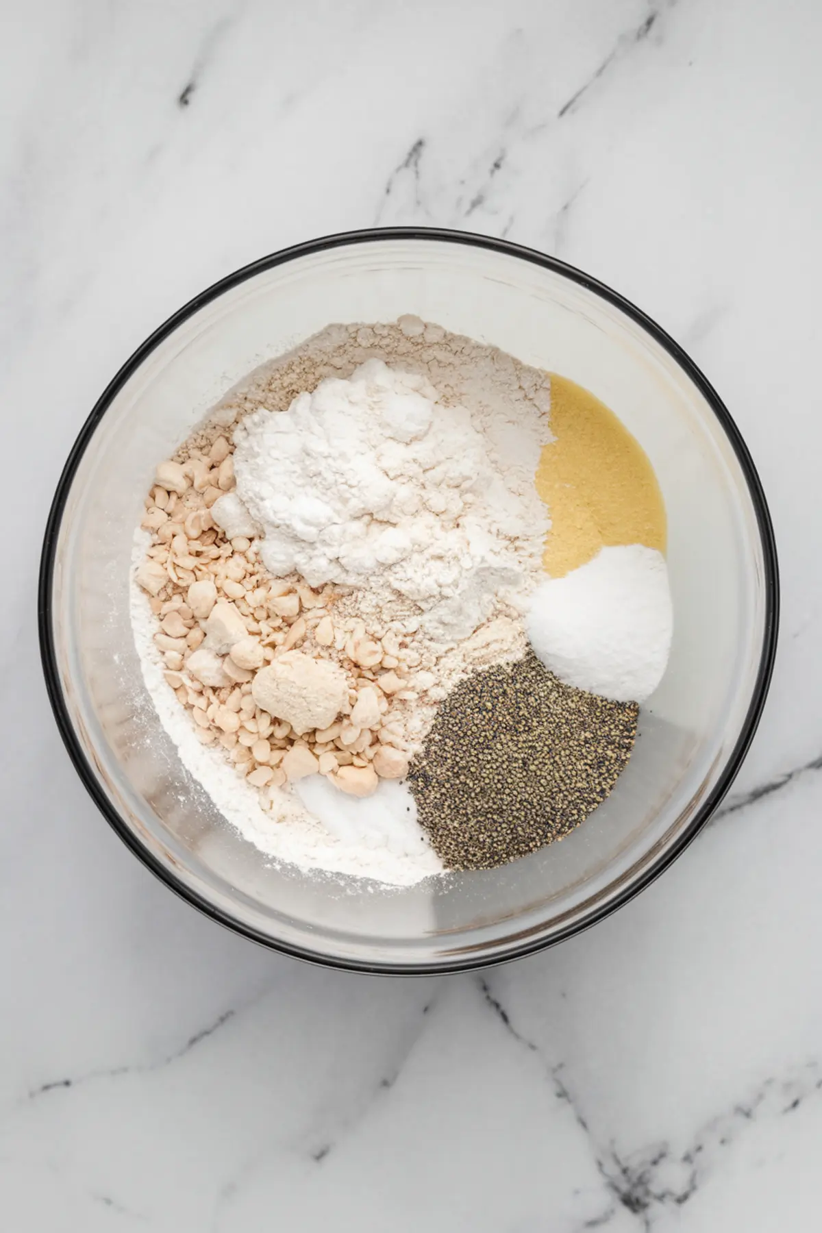 Overhead view of a glass bowl containing dry ingredients including flour, cornmeal, baking powder, baking soda, poppy seeds, and white chocolate chunks.