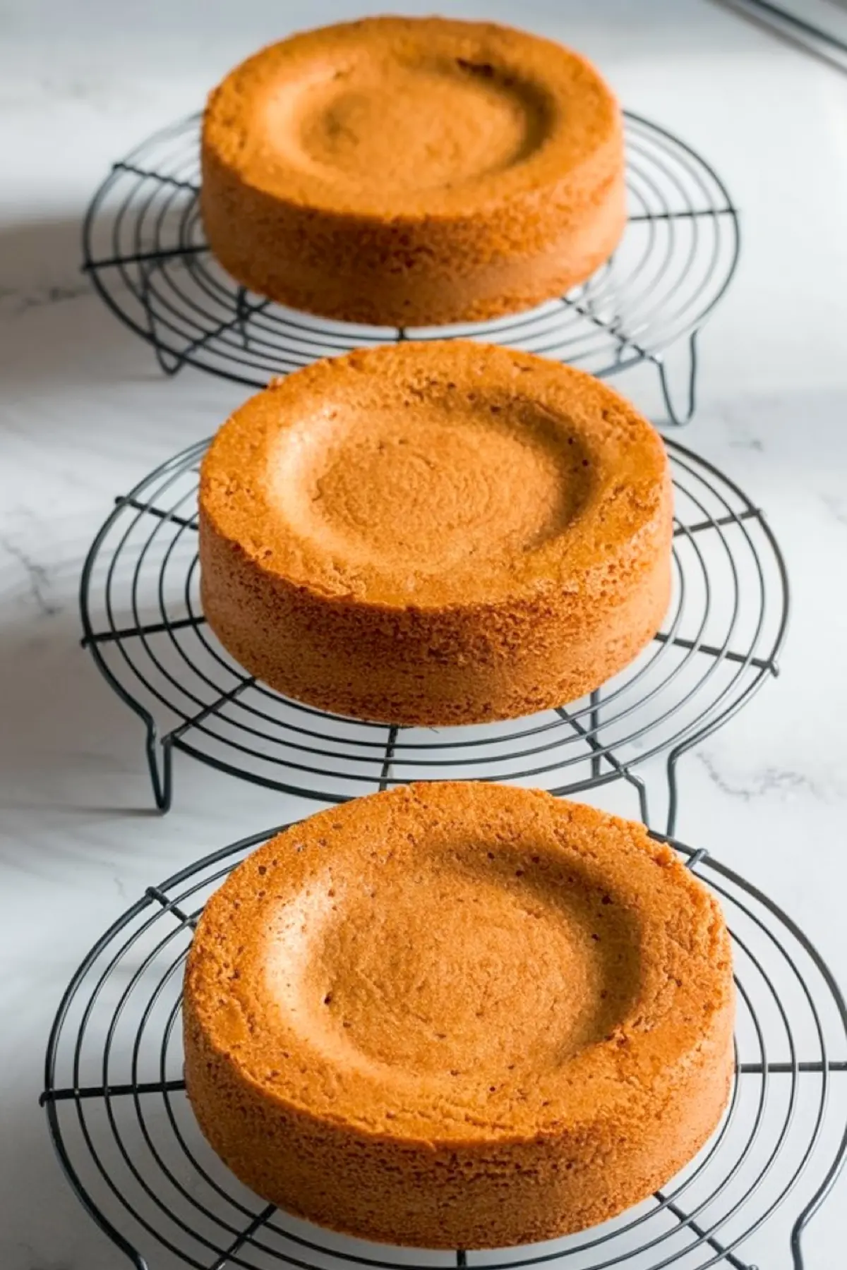 Three round baked lemon cake layers cooling on wire racks, each with a flat center for easy stacking.