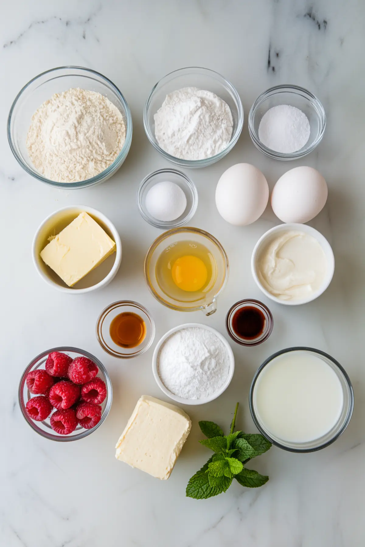 Flat lay of lemon raspberry cake ingredients on a marble countertop including flour, eggs, butter, raspberries, sugar, milk, vanilla, baking powder, and fresh mint.