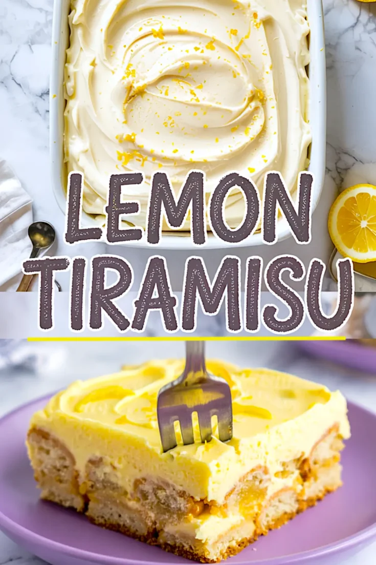 Collage image showing a top view of a lemon tiramisu dish garnished with lemon zest and a close-up of a plated slice with a fork inserted, featuring creamy layers and soaked ladyfingers.