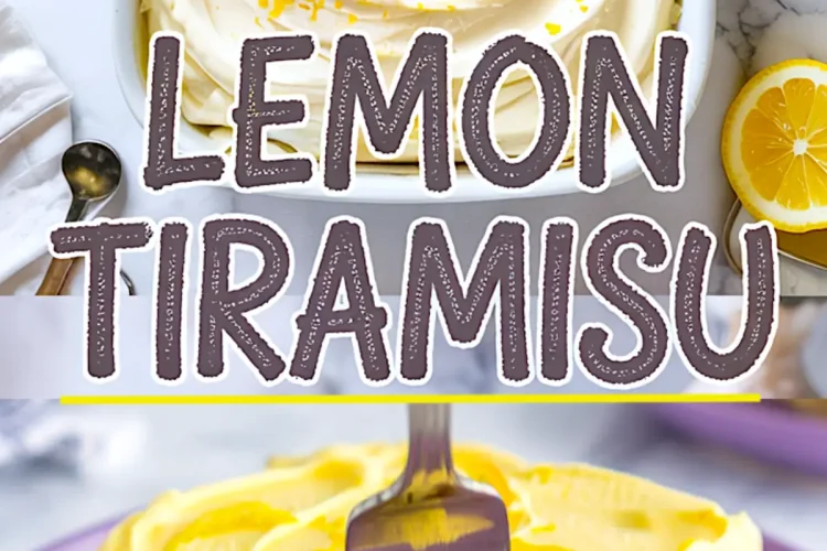 Collage image showing a top view of a lemon tiramisu dish garnished with lemon zest and a close-up of a plated slice with a fork inserted, featuring creamy layers and soaked ladyfingers.