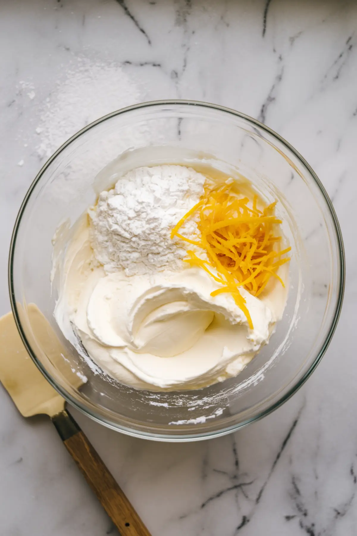 Mixing bowl filled with whipped mascarpone, powdered sugar, and fresh lemon zest, set on a marble countertop with a spatula, showcasing the creamy lemon tiramisu filling.