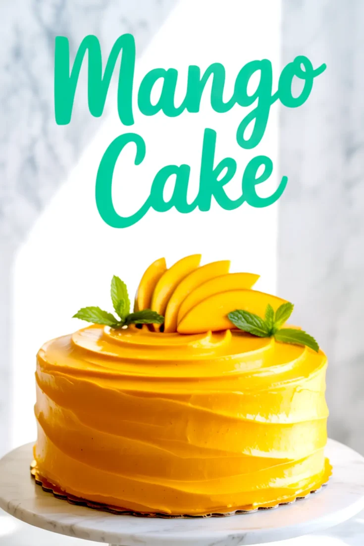 Glossy mango cake topped with fresh mango slices and mint leaves on a marble cake stand, with bold turquoise “Mango Cake” text in the background.