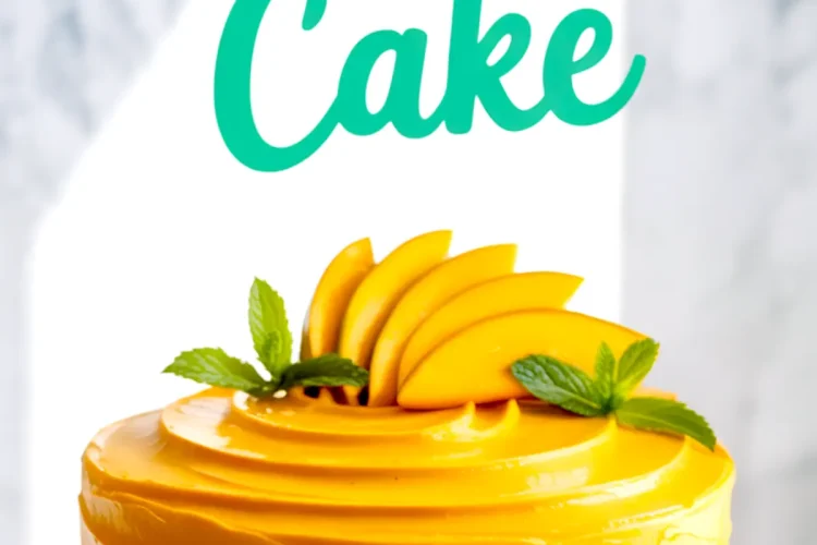 Glossy mango cake topped with fresh mango slices and mint leaves on a marble cake stand, with bold turquoise “Mango Cake” text in the background.