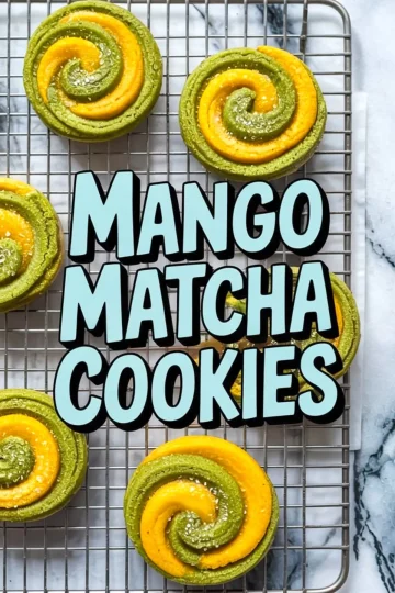 Swirled mango matcha cookies on a wire rack with vibrant green and yellow coloring, decorated with sugar crystals and overlaid text reading "Mango Matcha Cookies" in bold pastel lettering.