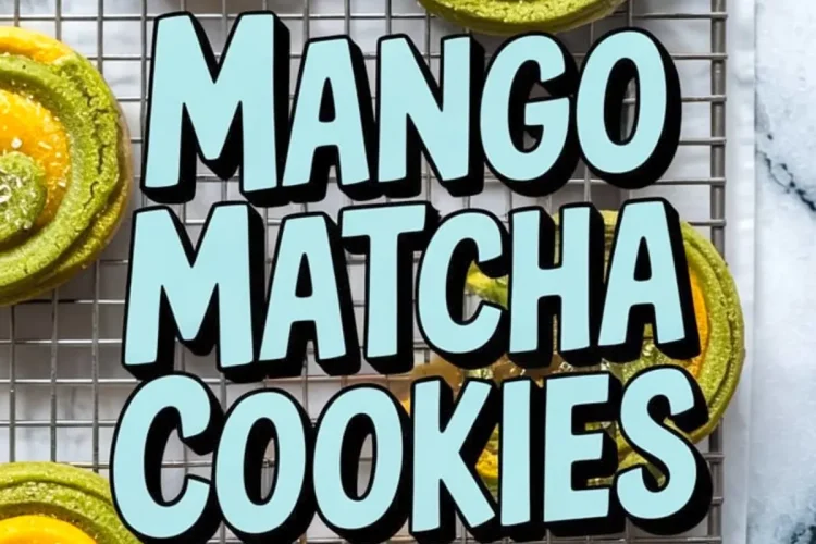 Swirled mango matcha cookies on a wire rack with vibrant green and yellow coloring, decorated with sugar crystals and overlaid text reading "Mango Matcha Cookies" in bold pastel lettering.