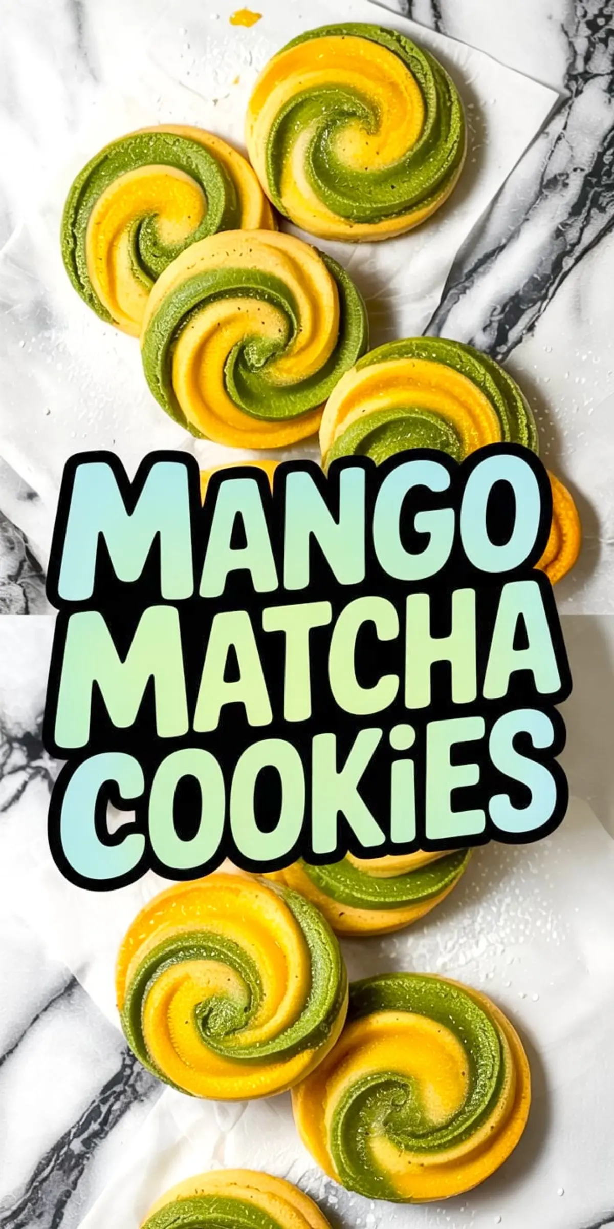 Overhead collage of swirled mango matcha cookies on white marble paper, featuring yellow and green spiral patterns, with central bold text reading "Mango Matcha Cookies" in gradient green and black font.
