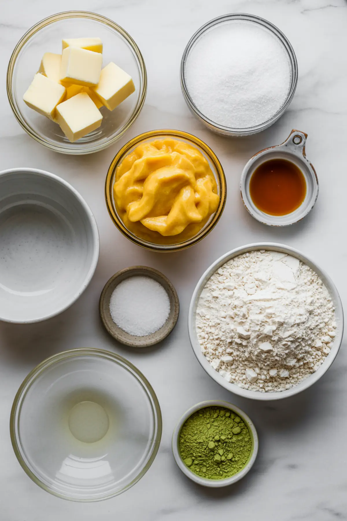 Flat lay of baking ingredients including cubed butter, sugar, mango puree, flour, matcha powder, salt, and vanilla extract in small bowls arranged on a marble background.