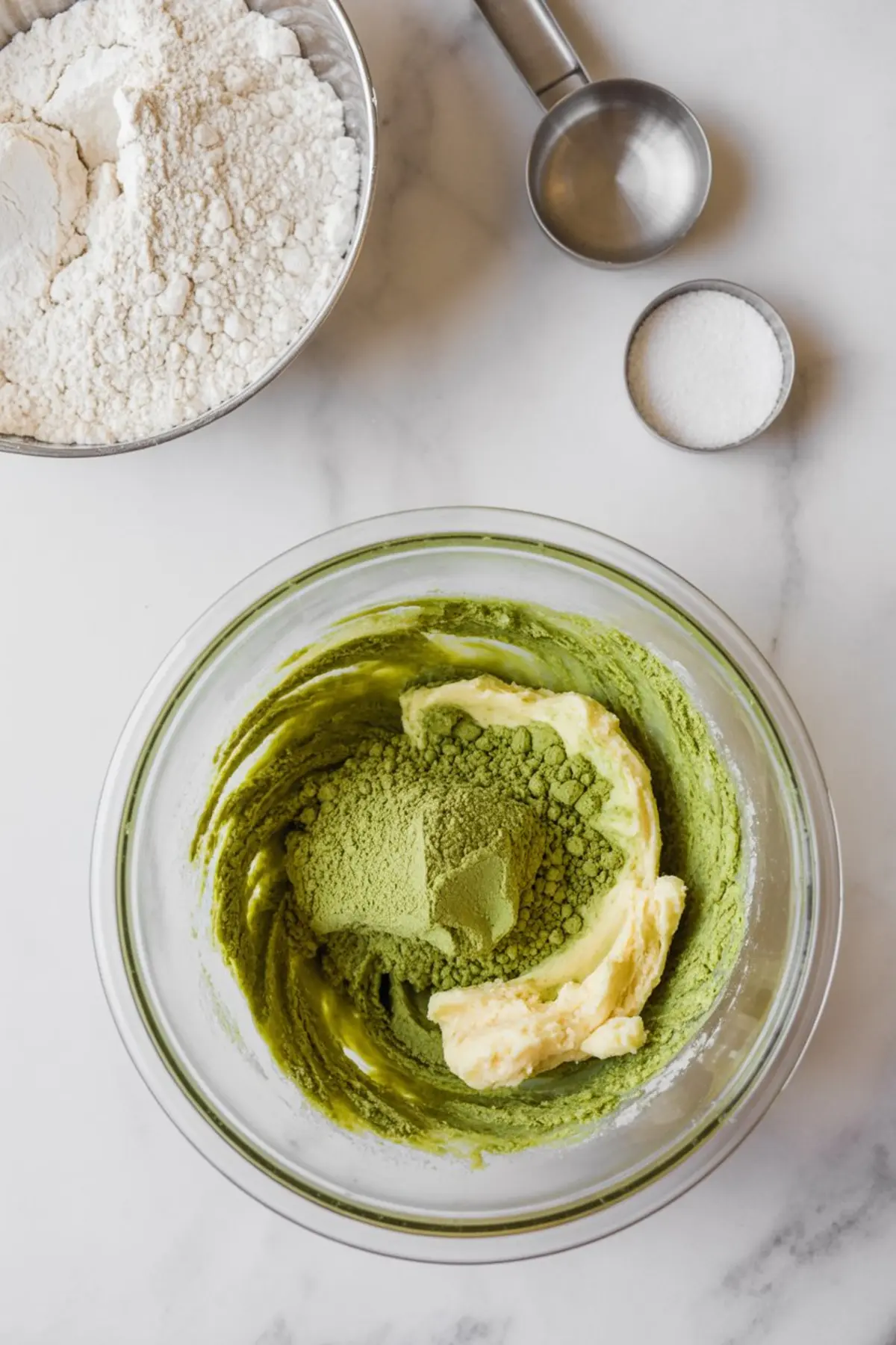 Mixing bowl with green matcha powder, butter, and sugar partially creamed together, surrounded by a flour-filled bowl, a measuring cup, and a small salt container on a white surface.