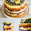 Collage of a naked lemon blueberry cake garnished with sugared blueberries, lemon wedges, and mint leaves, with close-up views of the cake layers and a slice showing the moist interior and blueberry swirls.