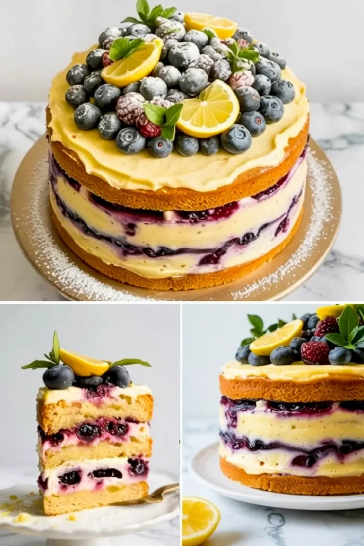 Collage of a naked lemon blueberry cake garnished with sugared blueberries, lemon wedges, and mint leaves, with close-up views of the cake layers and a slice showing the moist interior and blueberry swirls.