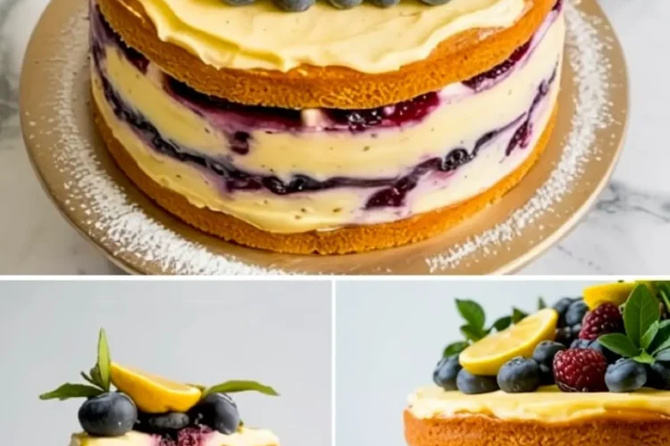 Collage of a naked lemon blueberry cake garnished with sugared blueberries, lemon wedges, and mint leaves, with close-up views of the cake layers and a slice showing the moist interior and blueberry swirls.