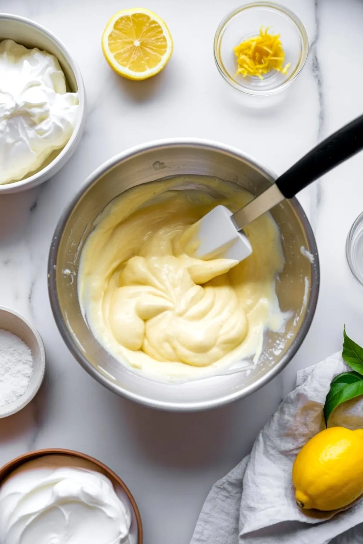 Overhead view of a mixing bowl filled with creamy lemon cake batter, surrounded by whipped cream, powdered sugar, lemon zest, and fresh lemons on a white marble surface.