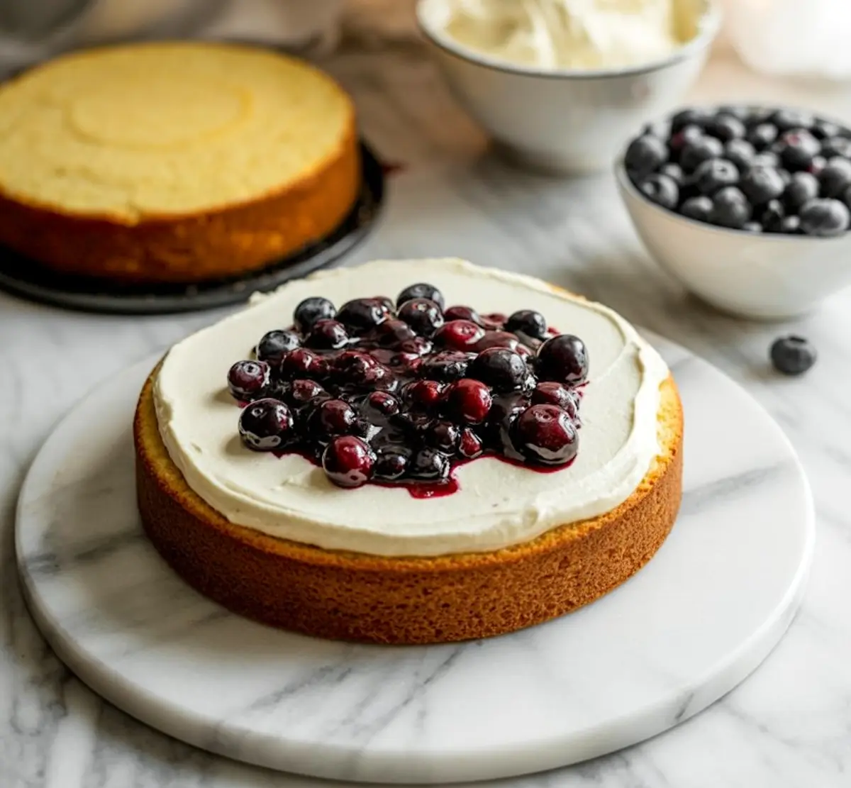 Partially assembled lemon blueberry cake with a single layer topped with whipped cream and blueberry compote, surrounded by ingredients in bowls on a marble surface.