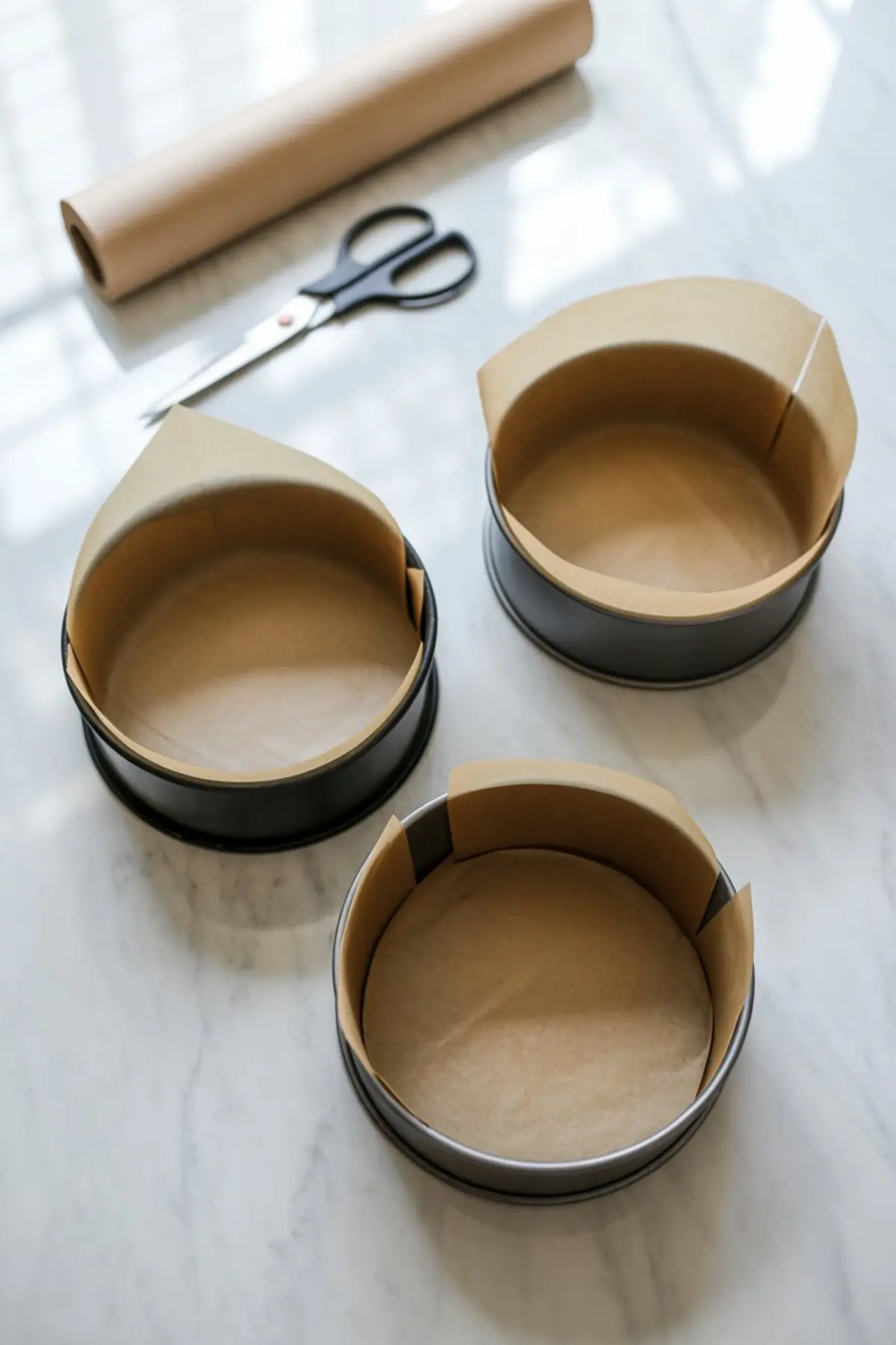 Three round cake pans lined with parchment paper, arranged with scissors and parchment roll on a bright marble kitchen counter.