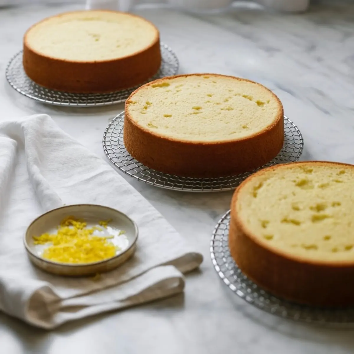 Three baked lemon cake layers cooling on wire racks, with lemon zest on a small dish and a white kitchen towel nearby.