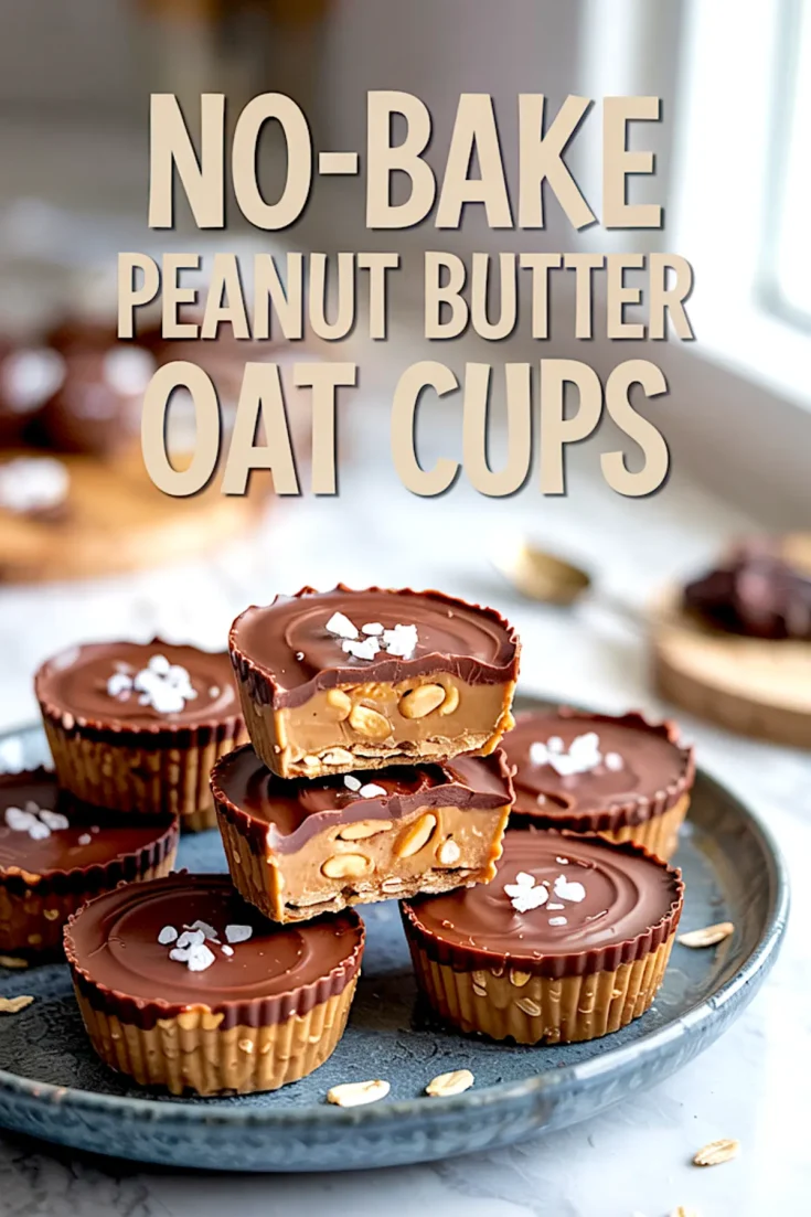 Styled stack of no-bake peanut butter oat cups on a ceramic plate, with a cut cup revealing a rich peanut and oat filling under a chocolate topping, text overlay displaying recipe name.