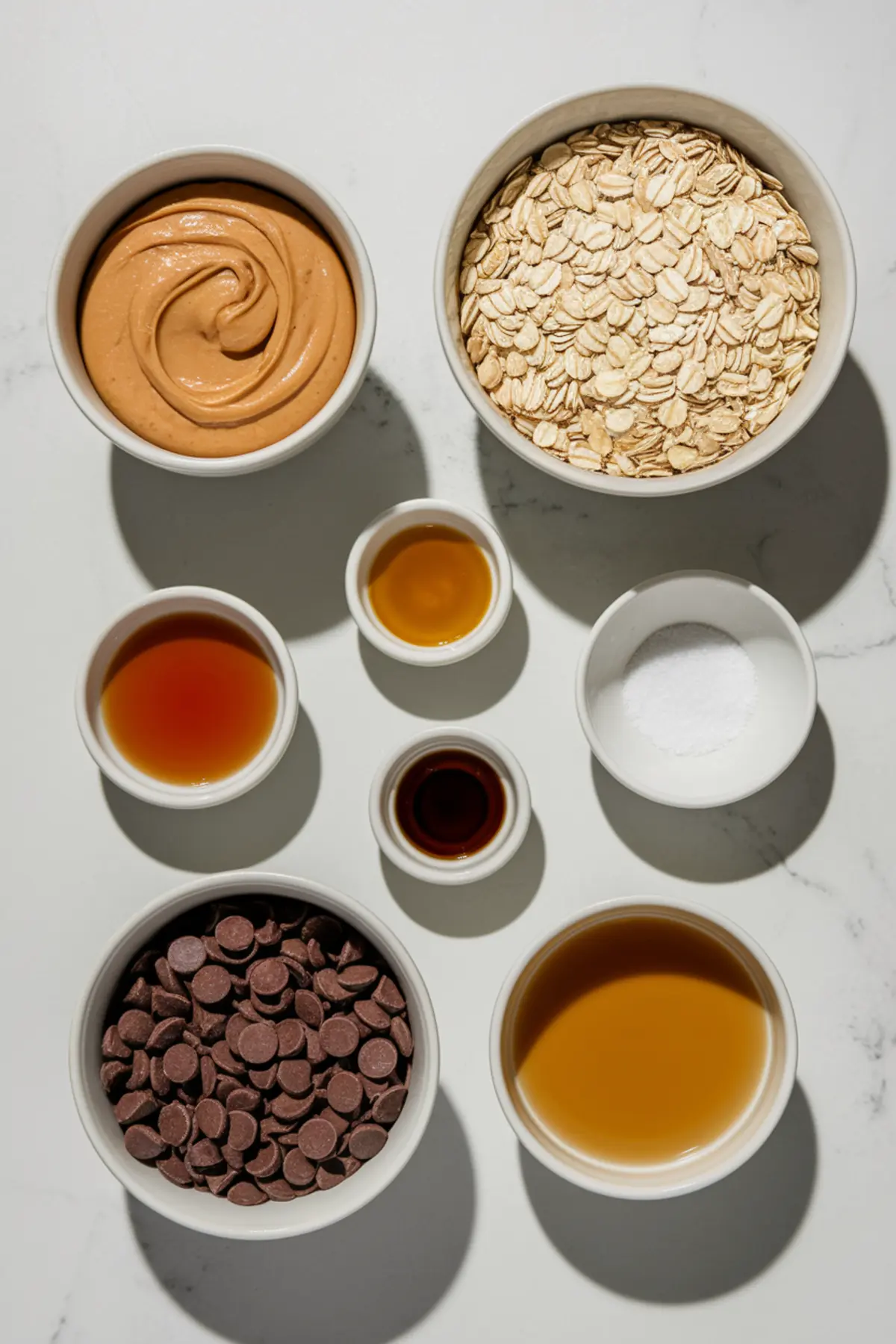  Flat lay of recipe ingredients in white bowls including rolled oats, peanut butter, maple syrup, chocolate chips, vanilla extract, coconut oil, and sea salt.
