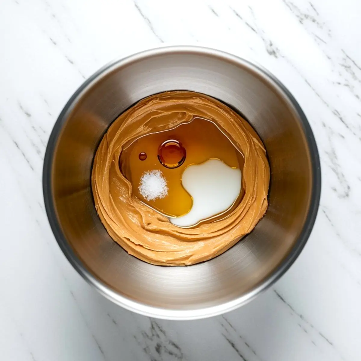 Overhead view of a stainless steel mixing bowl with creamy peanut butter, maple syrup, vanilla extract, plant-based milk, and sea salt, set on a white marble surface.