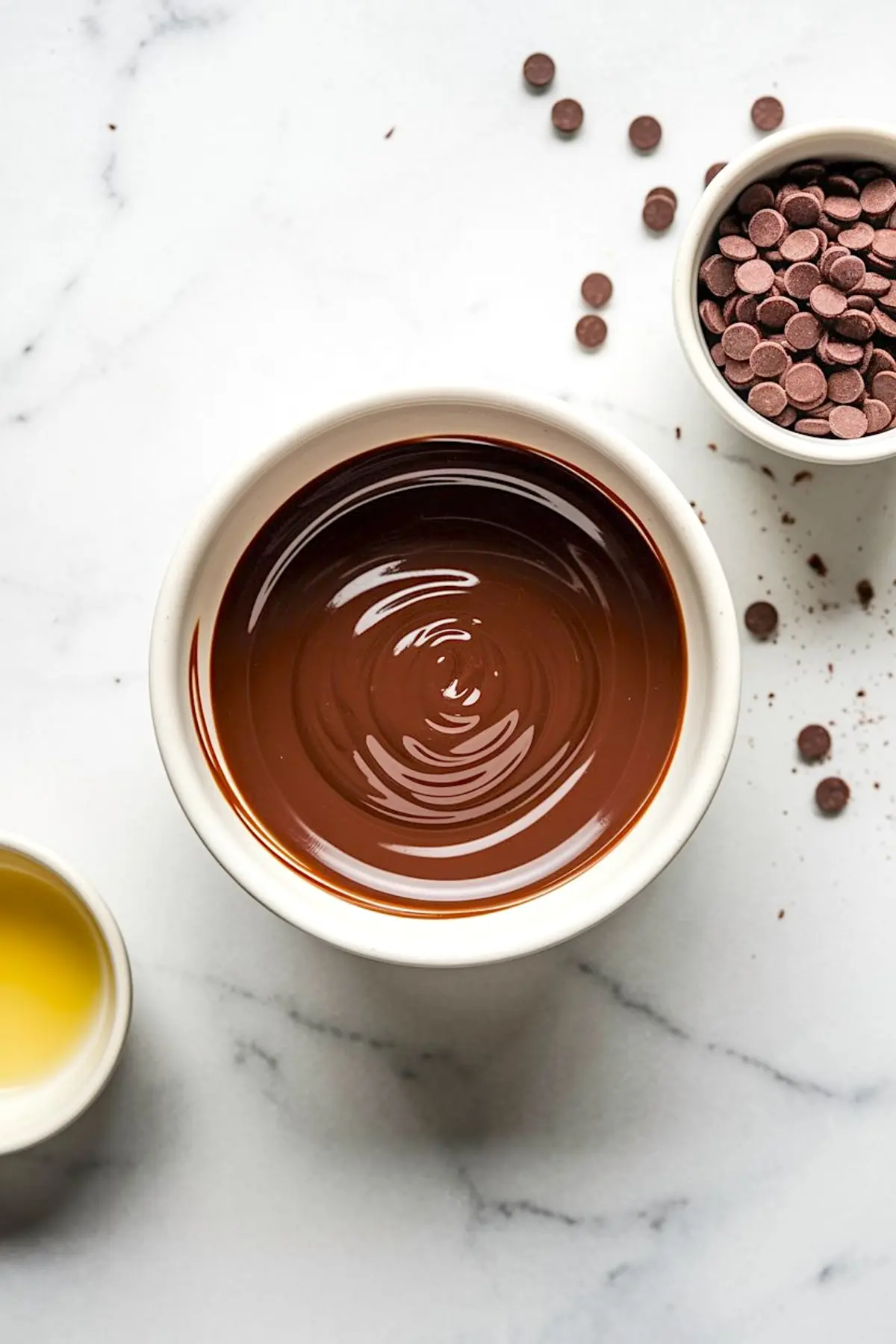 Melted chocolate in a white bowl surrounded by chocolate chips and oil in small cups on a white marble background for dessert assembly.