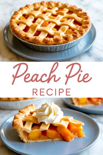 Collage showing a whole peach pie with a golden lattice crust on top and a slice served on a blue plate with whipped cream, labeled “Peach Pie Recipe.”