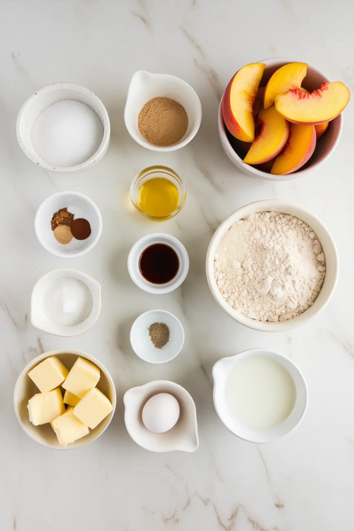 Flat lay of peach pie ingredients arranged in small bowls, including fresh peach slices, flour, sugar, butter, egg, milk, vanilla, oil, and spices on a white marble surface.
