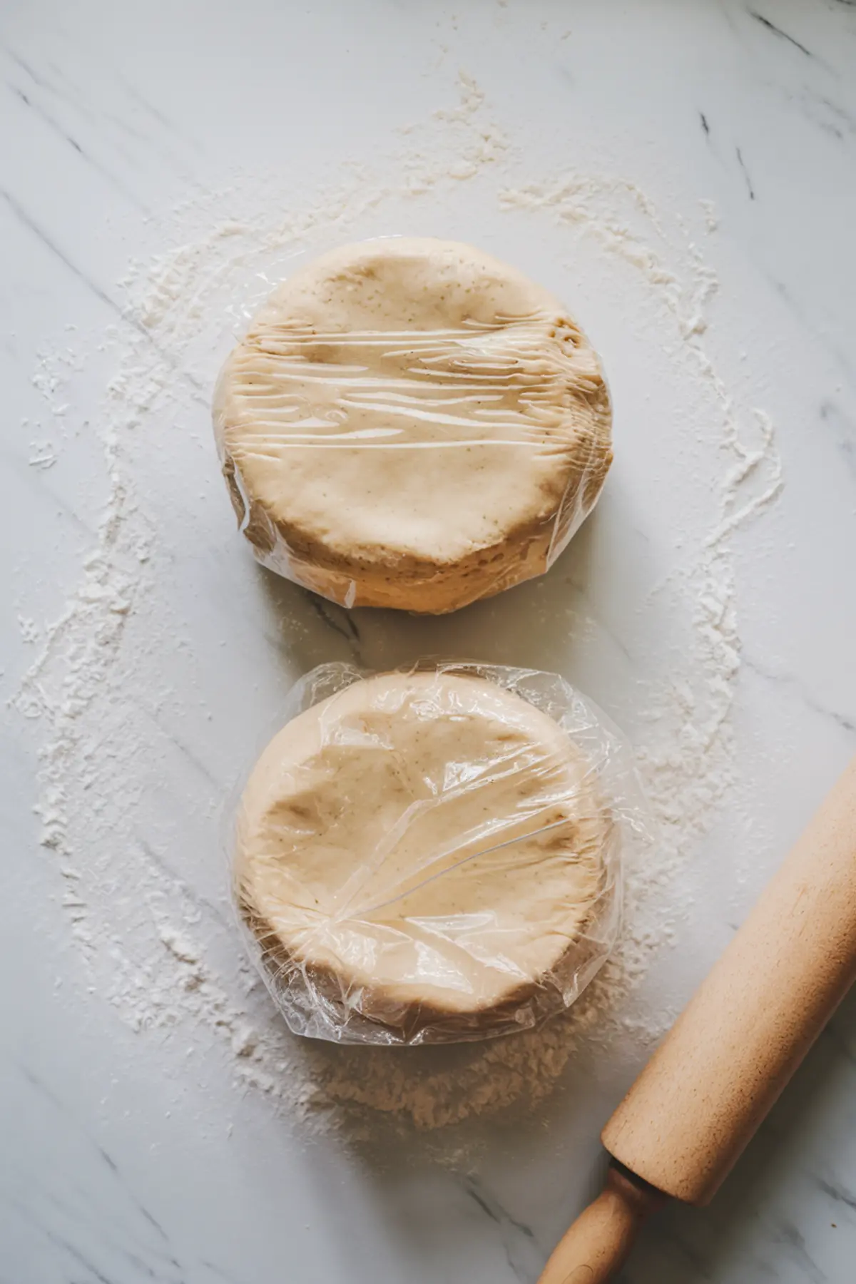 Two wrapped discs of chilled pie dough on a floured marble surface, placed beside a wooden rolling pin.