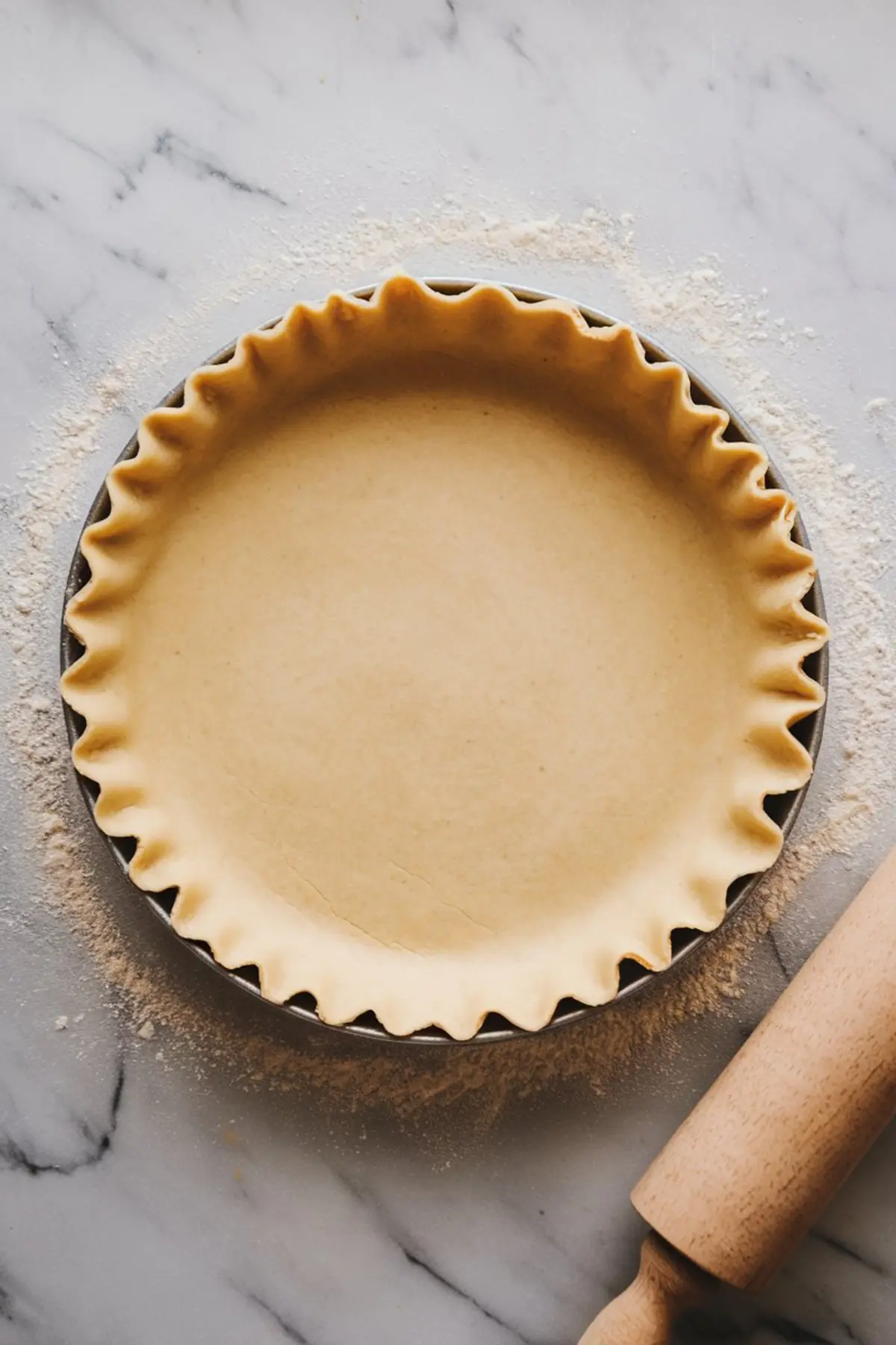 Overhead view of an unbaked pie crust with crimped edges in a metal pie tin, sitting on a floured marble surface with a wooden rolling pin nearby.