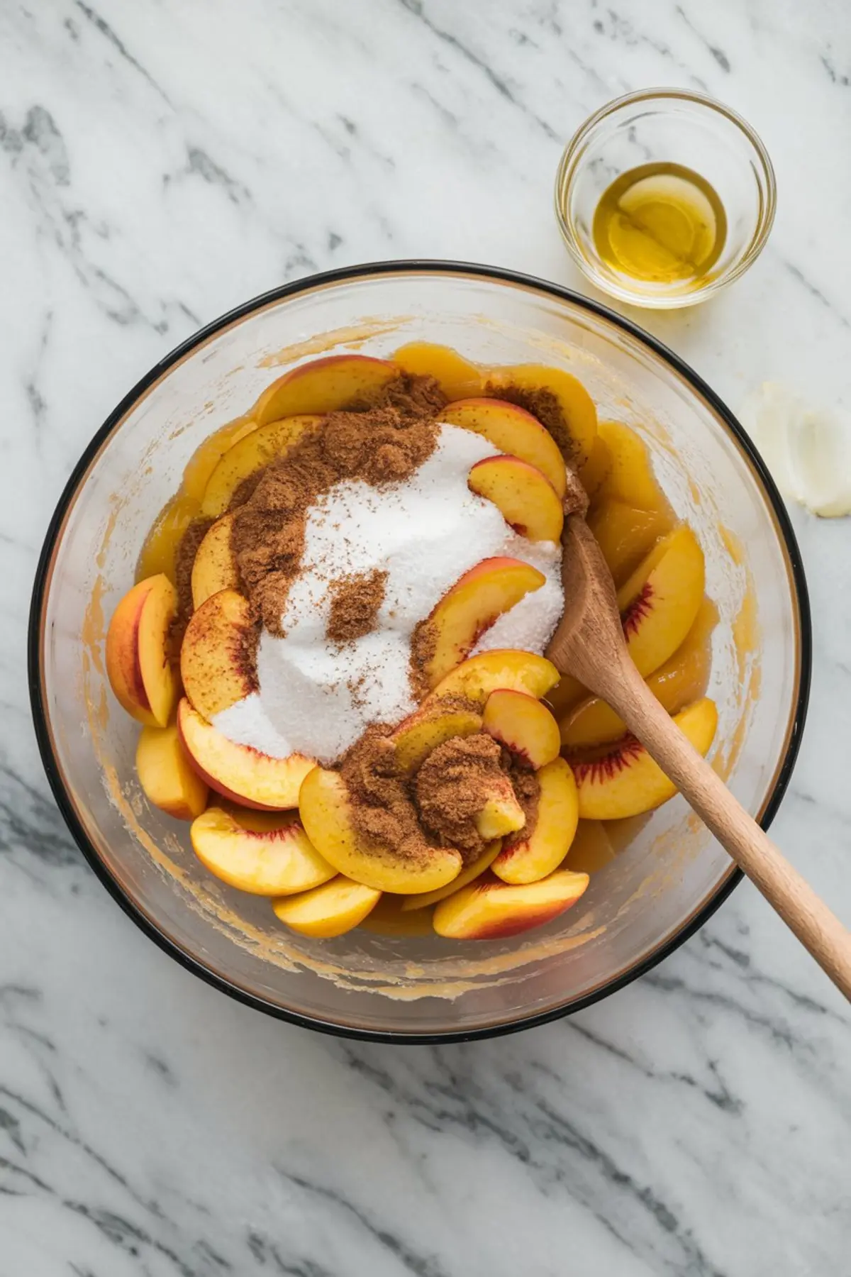 Mixing bowl filled with sliced fresh peaches, granulated sugar, and brown spices being stirred with a wooden spoon for a peach pie filling.
