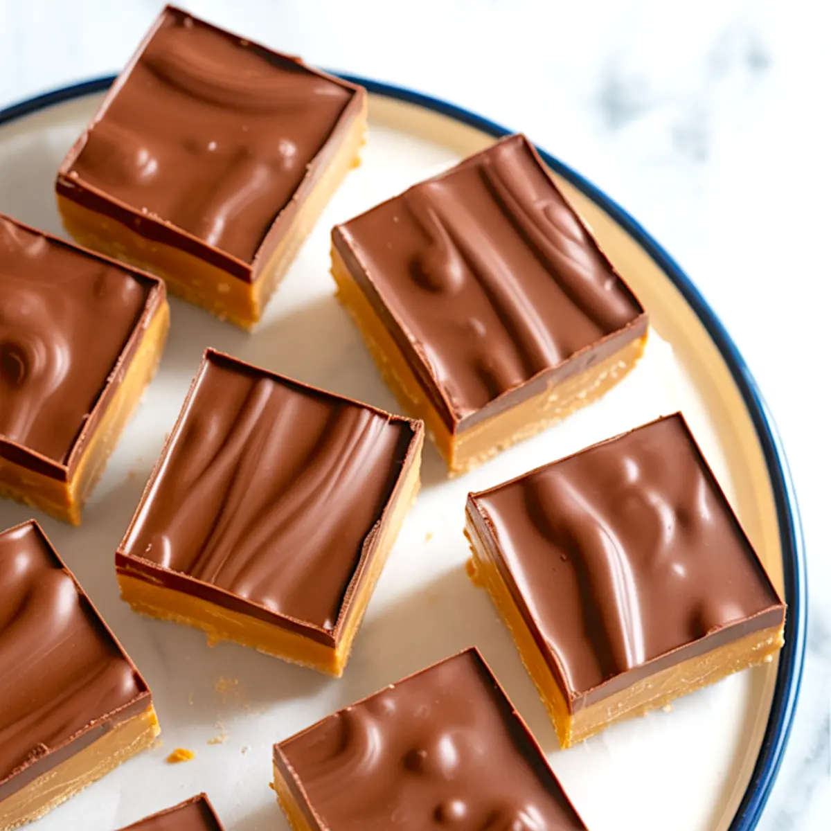 Plate of chocolate peanut butter squares displayed on a marble surface, each bar with smooth, glossy chocolate tops and dense peanut butter layers, perfect for no bake peanut butter pie or peanut butter bark inspiration.