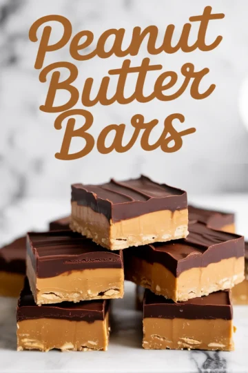 Stacked peanut butter bars with text overlay, featuring thick peanut butter filling layered over a graham cracker crust and topped with smooth chocolate, representing easy peanut butter desserts with few ingredients.