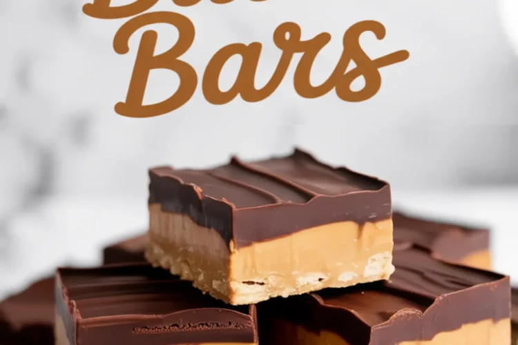 Stacked peanut butter bars with text overlay, featuring thick peanut butter filling layered over a graham cracker crust and topped with smooth chocolate, representing easy peanut butter desserts with few ingredients.
