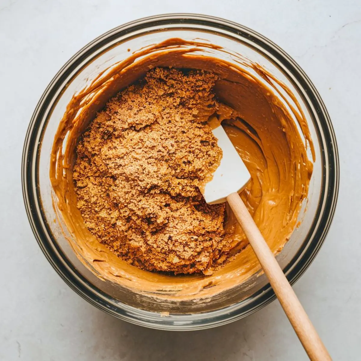 Glass mixing bowl filled with creamy peanut butter mixture blended with crushed graham crackers using a silicone spatula, preparing the base for no bake peanut butter bars.