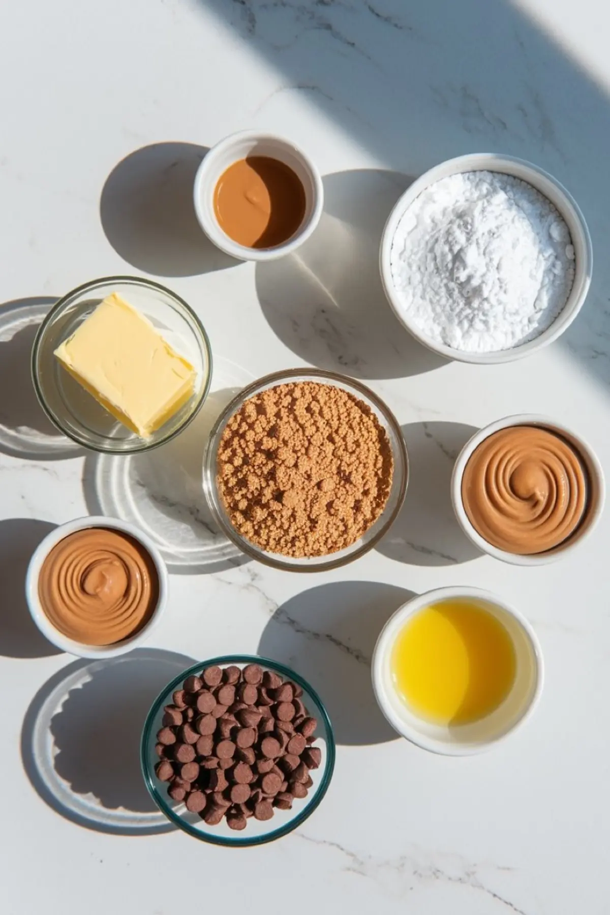 Ingredients for peanut butter bars arranged on a marble surface, including peanut butter, powdered sugar, graham cracker crumbs, butter, chocolate chips, and melted butter, ideal for easy peanut butter desserts with few ingredients.