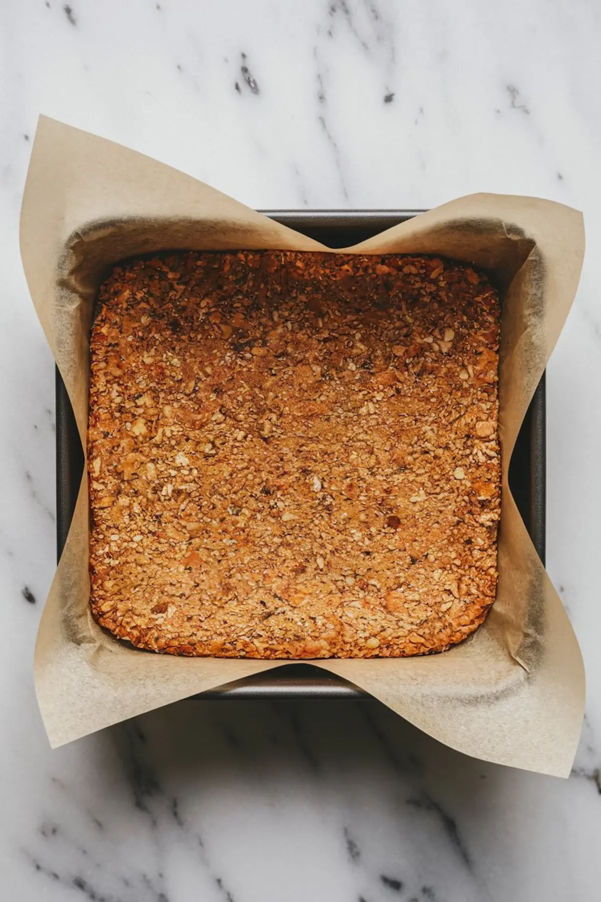 Baked graham cracker crust for peanut butter bars resting in a square pan lined with parchment paper, showing the golden, textured surface ready for layering with peanut butter filling and chocolate topping.