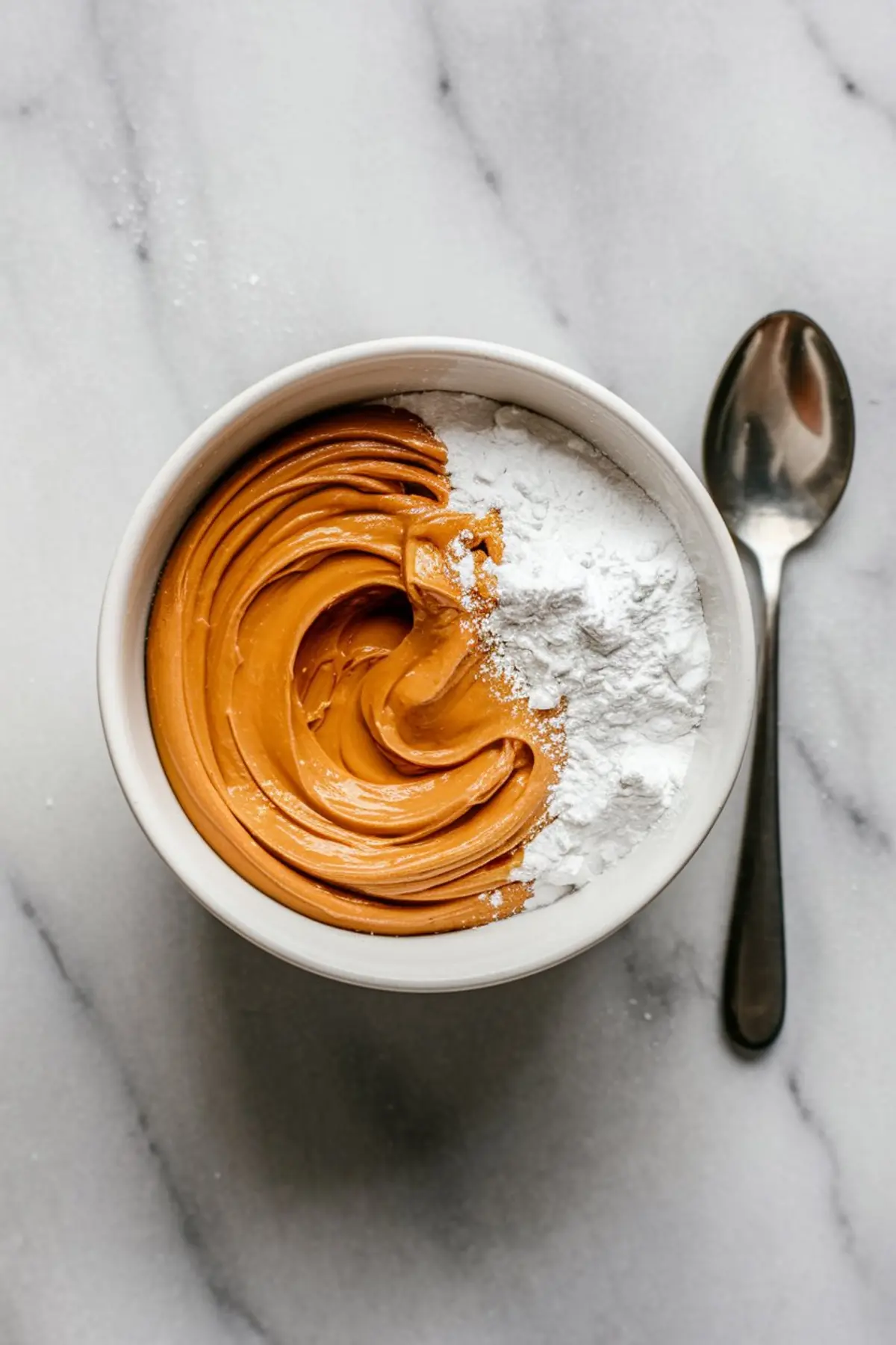 Smooth peanut butter and powdered sugar partially mixed in a white bowl with a metal spoon, starting the creamy filling for peanut butter squares no bake recipe.