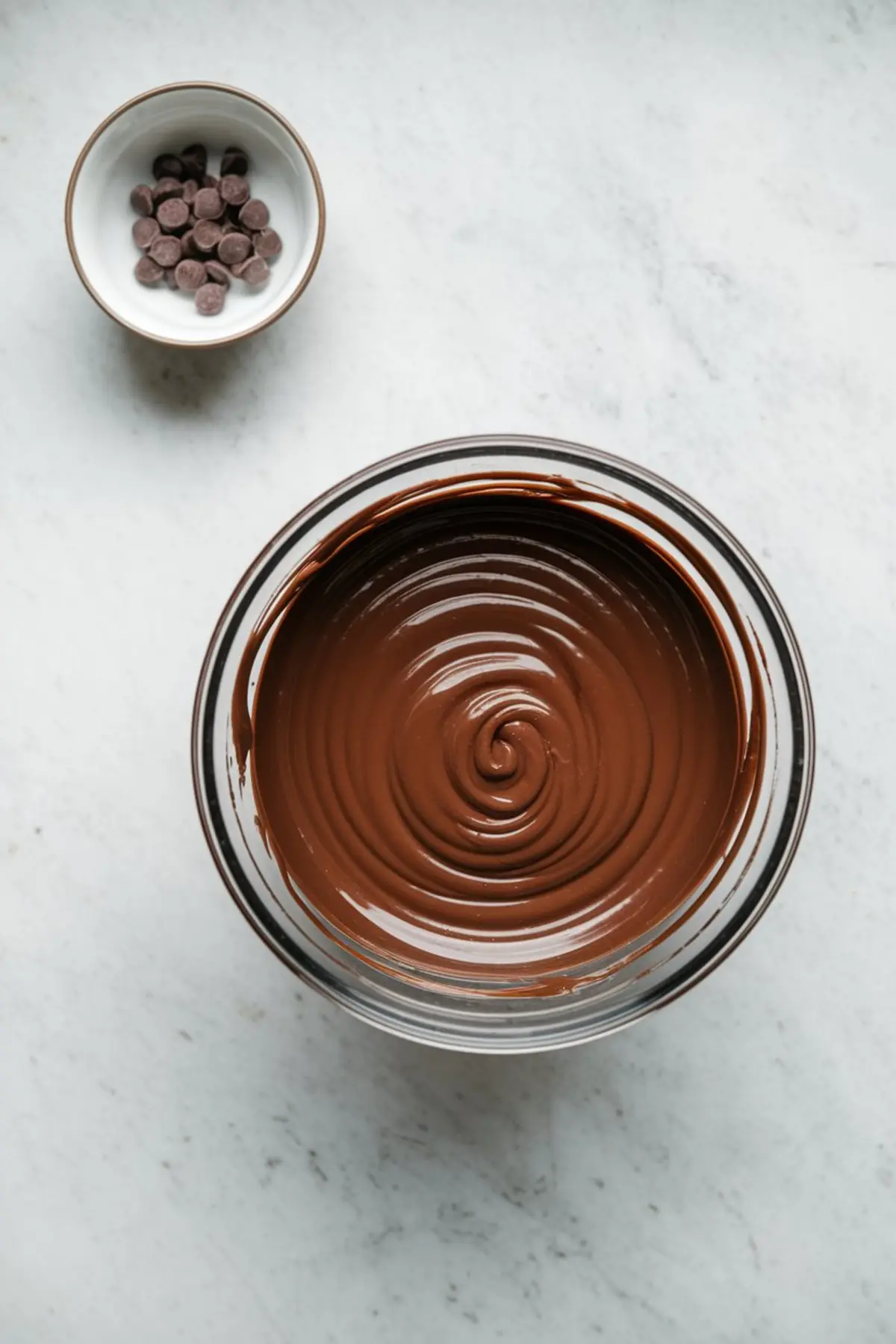 Melted chocolate in a glass bowl with a glossy swirl pattern, accompanied by a small dish of chocolate chips, prepared for topping peanut butter dessert recipes.