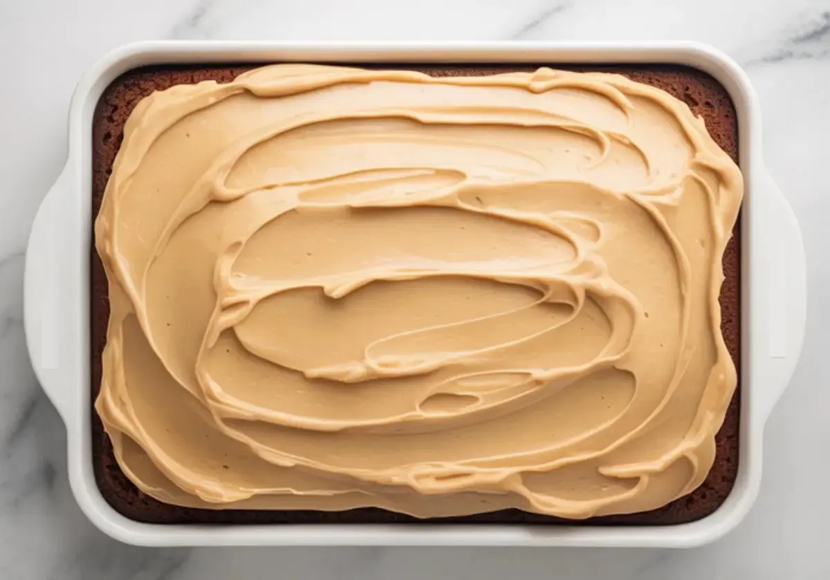 Top view of a rectangular chocolate cake covered with thick, creamy peanut butter frosting, swirled smoothly in a white ceramic baking dish placed on a marble surface.