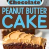 Collage image showing a chocolate peanut butter cake. The top part displays a rectangular chocolate cake with smooth peanut butter frosting in a white baking dish. The middle section features bold text reading “Chocolate Peanut Butter Cake” on a brown background. The bottom section presents a close-up of a slice of chocolate cake with rich chocolate filling and thick peanut butter frosting.