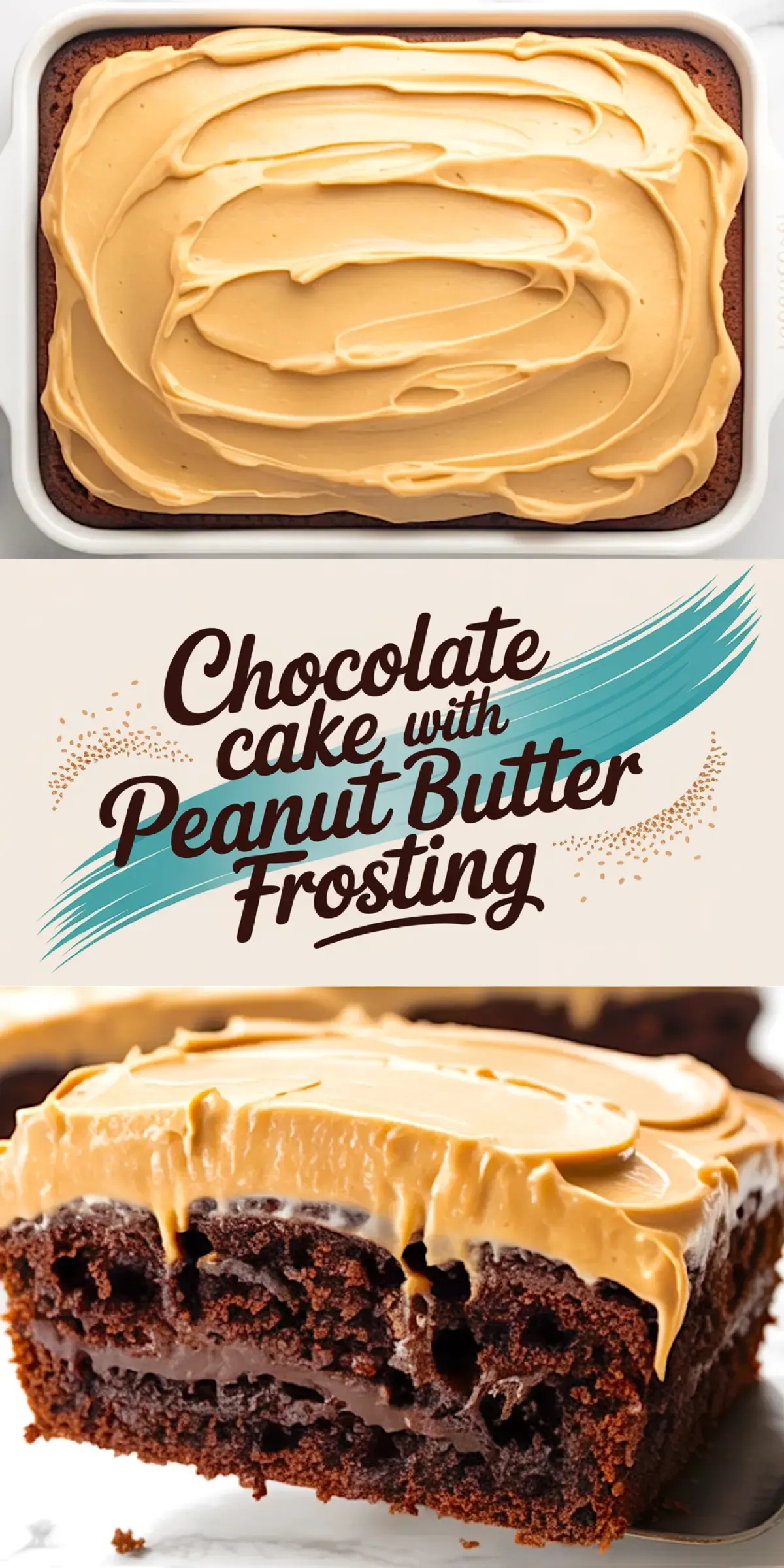Collage image displaying a chocolate cake with peanut butter frosting. The top part shows a rectangular chocolate cake with swirled peanut butter frosting in a white baking pan. The middle section includes text reading “Chocolate cake with Peanut Butter Frosting” with decorative graphics. The bottom features a close-up of a rich chocolate cake slice with thick peanut butter frosting and gooey chocolate filling.