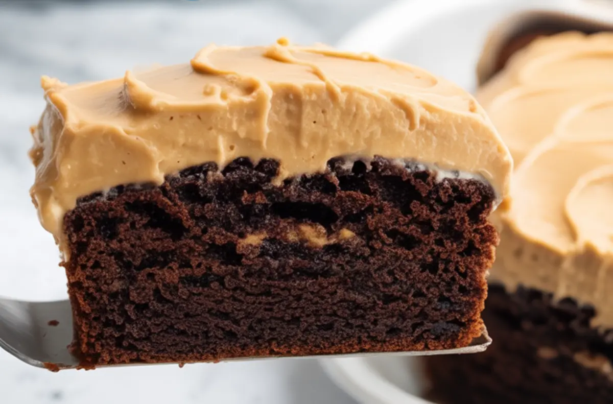 Close-up of a single slice of chocolate peanut butter cake on a metal spatula. The slice reveals rich chocolate cake layers with visible chunks, topped with a thick layer of creamy peanut butter frosting, showcasing a moist and fluffy texture.