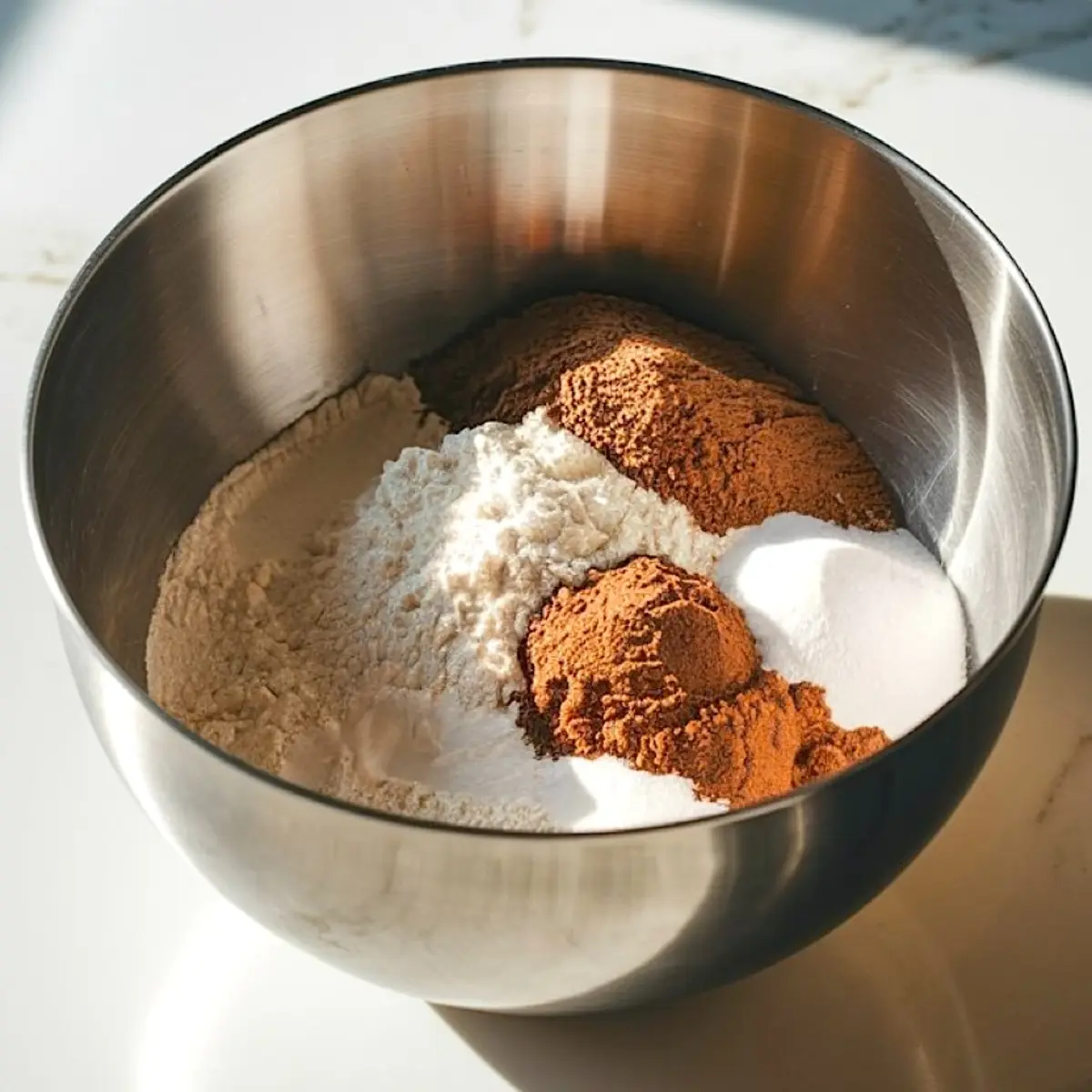 Metal mixing bowl filled with dry cake ingredients including flour, cocoa powder, sugar, and baking powder. The ingredients are grouped in piles, ready for blending to make the chocolate cake batter.