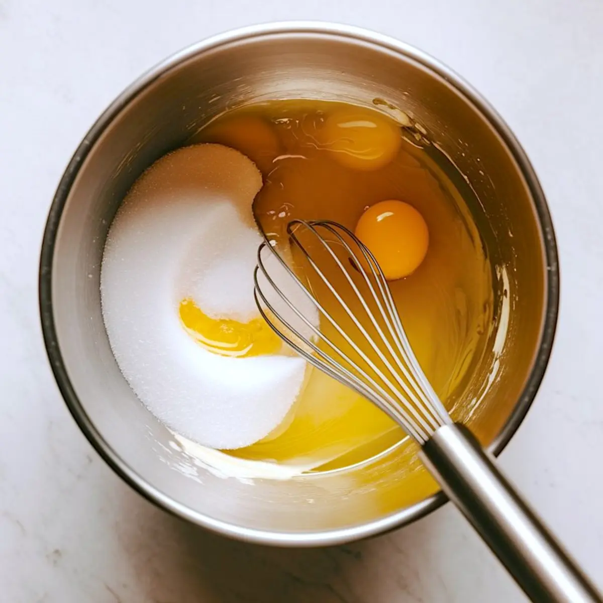 Metal mixing bowl containing sugar and cracked eggs. A stainless steel whisk rests inside, ready to combine the wet ingredients for the chocolate peanut butter cake recipe.