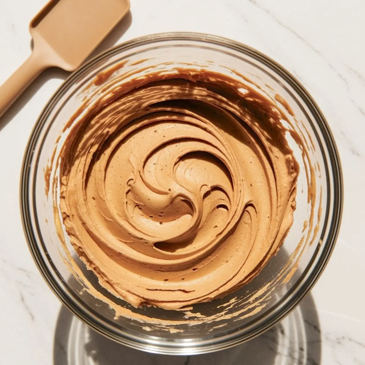 Glass mixing bowl filled with freshly whipped peanut butter frosting. The frosting is creamy and smooth, with swirled peaks, ready to be spread on the chocolate cake.